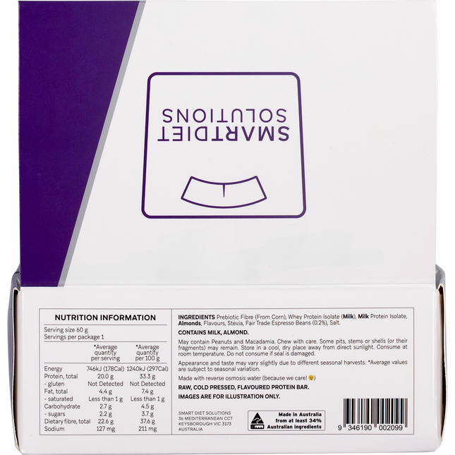 Back view of a protein bar packaging with Smart Diet Solutions branding.