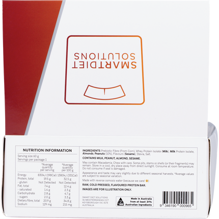 Back of a protein bar packaging with 'Smart Diet Solutions' branding and nutrition information.
