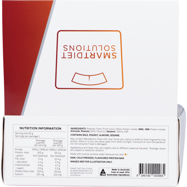 Back of a protein bar packaging with 'Smart Diet Solutions' branding and nutrition information.