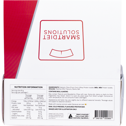 Back of a protein bar packaging with 'Smart Diet Solutions' branding and nutrition information.
