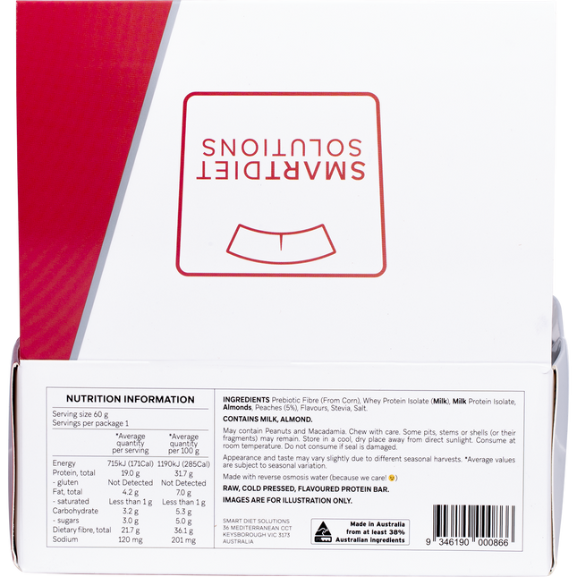 Back of a protein bar packaging with 'Smart Diet Solutions' branding and nutrition information.