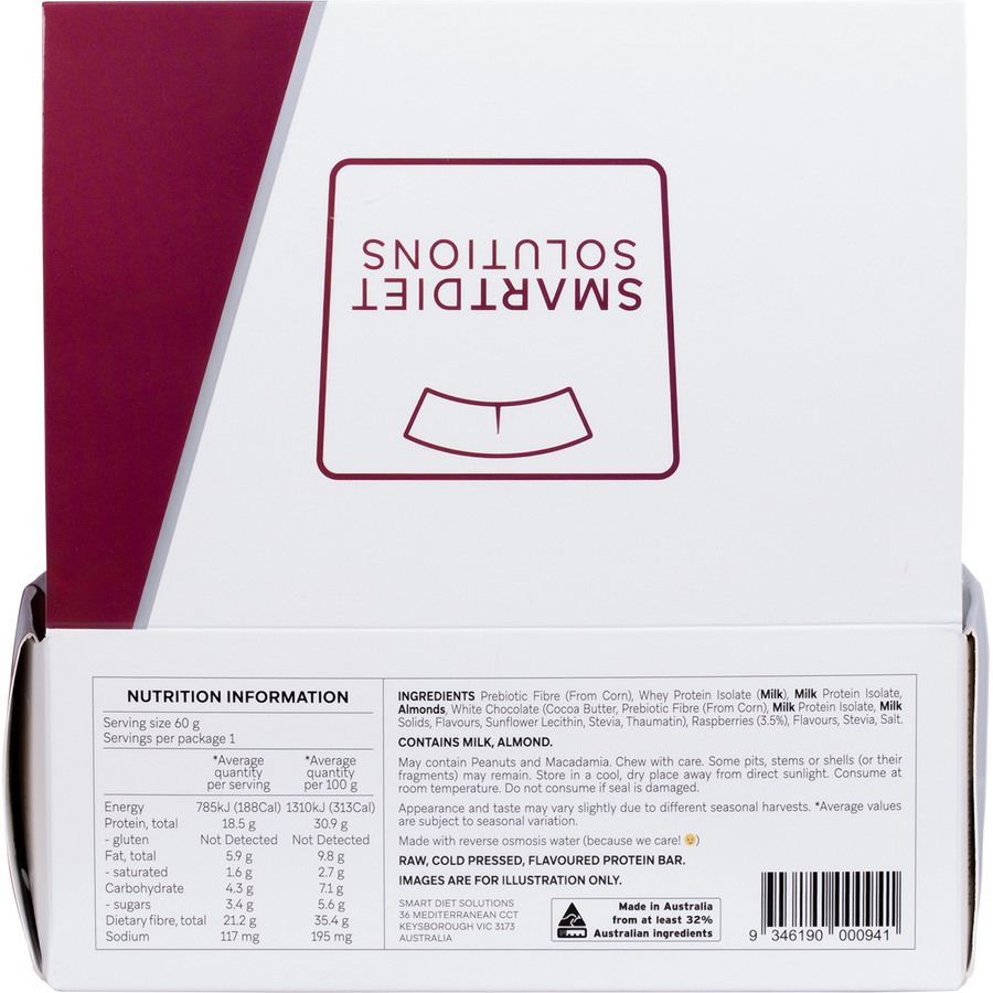 Back view of a protein bar packaging with visible nutrition information and branding.