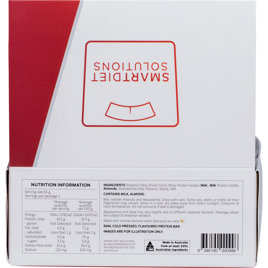 Back of a protein bar packaging with 'Smart Diet Solutions' branding and nutrition information.
