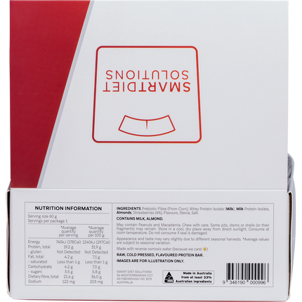 Back of a protein bar packaging with 'Smart Diet Solutions' branding and nutrition information.
