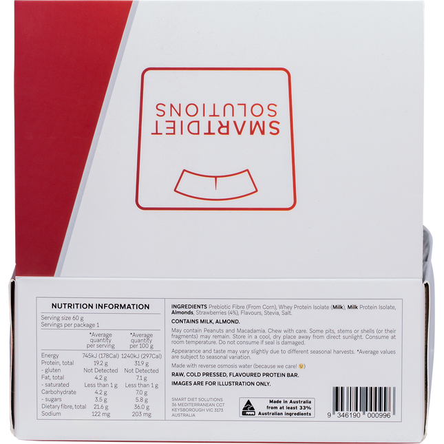 Back of a protein bar packaging with 'Smart Diet Solutions' branding and nutrition information.