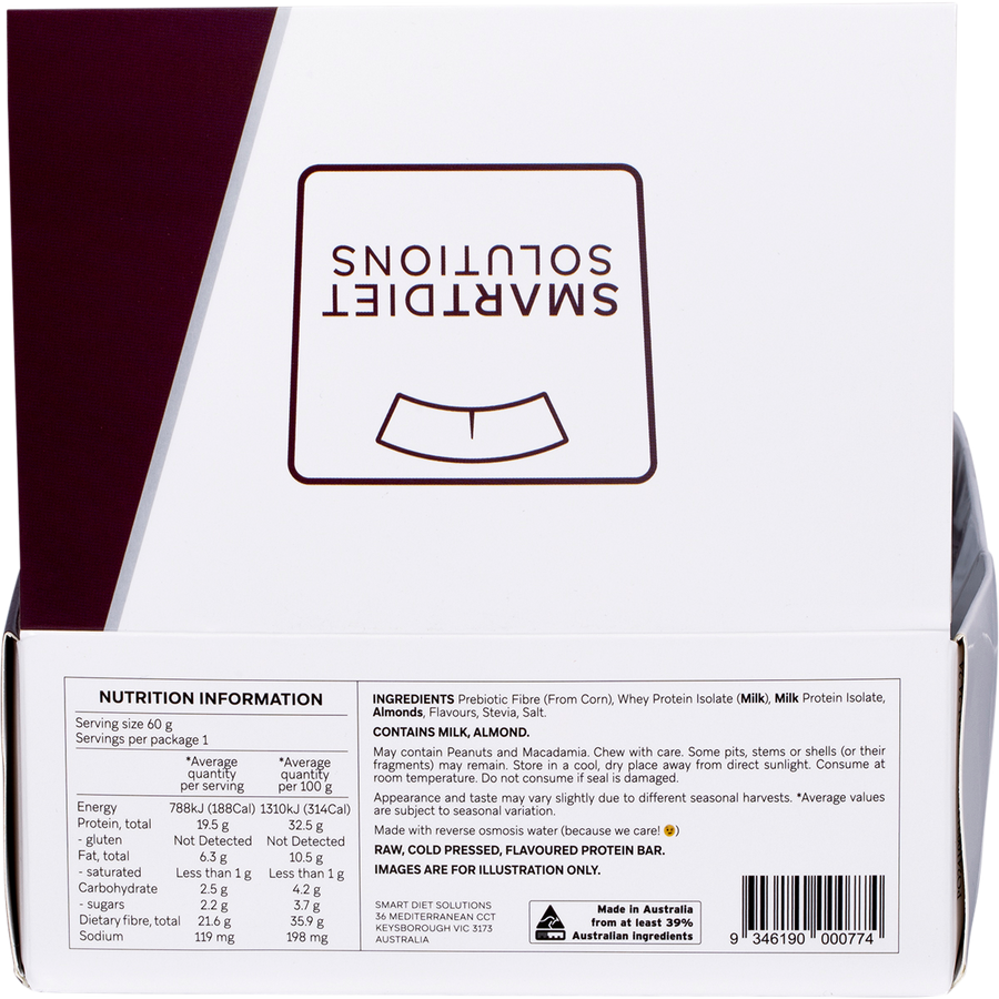 Back of a protein bar packaging with 'Smart Diet Solutions' branding and nutrition information.