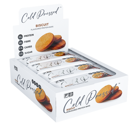 Box of Cold Pressed biscuit bars on a white background