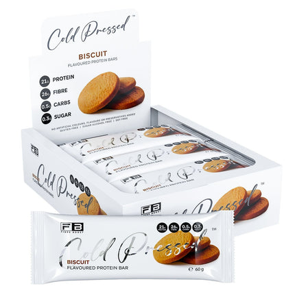 Box of Cold Pressed biscuit protein bars on a white background