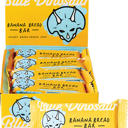 Box of Blue Dinosaur banana bread bars with a dinosaur illustration on a yellow background