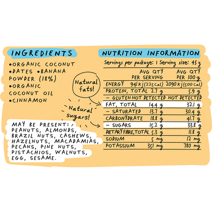 Nutrition label with ingredients and detailed nutritional information on a yellow background