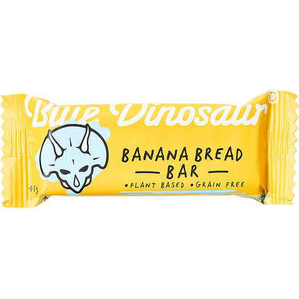 Yellow package of Blue Dinosaur Banana Bread Bar on a white background