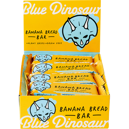 Display of Blue Dinosaur banana bread bars with a yellow packaging design.