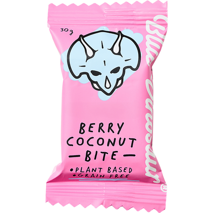 Pink snack bar package with a blue dinosaur illustration on a white background