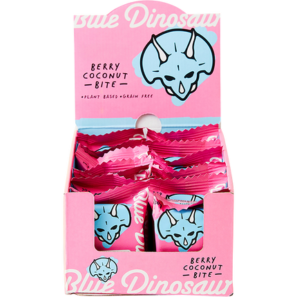 Display of Blue Dinosaur berry coconut bites in a pink packaging with dinosaur illustration.