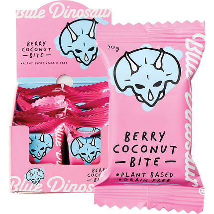 Pink packaging of 'Blue Dinos' berry coconut bites with triceratops design.