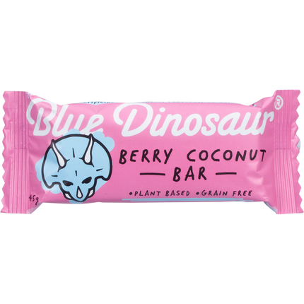 Pink package of Blue Dinosaur Berry Coconut Bar on a white background