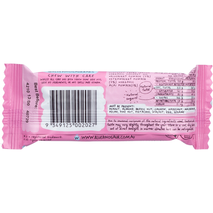 Pink candy bar wrapper with text and a barcode on a white background