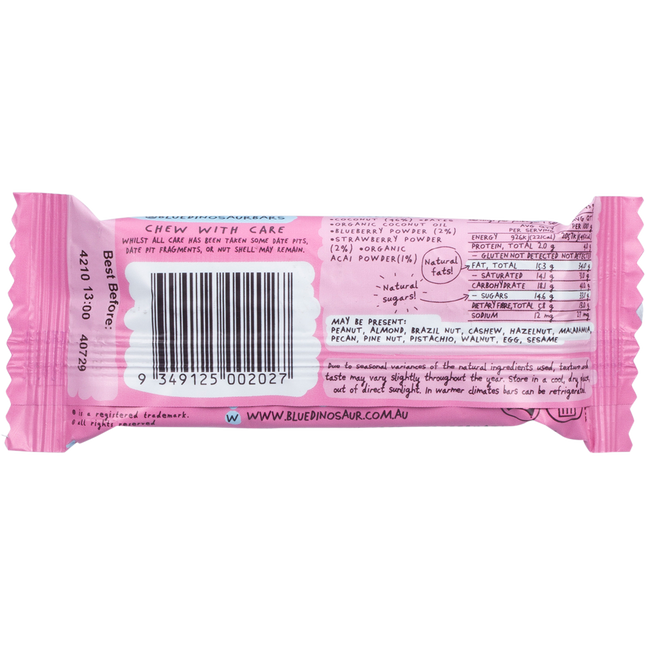 Pink candy bar wrapper with text and a barcode on a white background