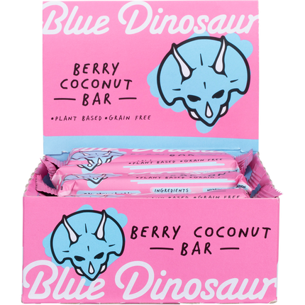 Box of Blue Dinosaur Berry Coconut Bars with pink packaging and triceratops design.