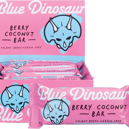 Pink packaging of Blue Dinosaur Berry Coconut Bars with a blue dinosaur illustration.