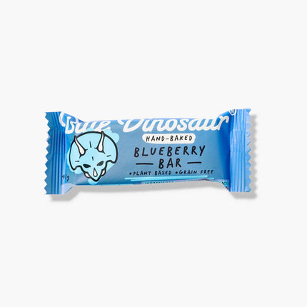 Blueberry bar packaging with a blue dinosaur logo on a white background