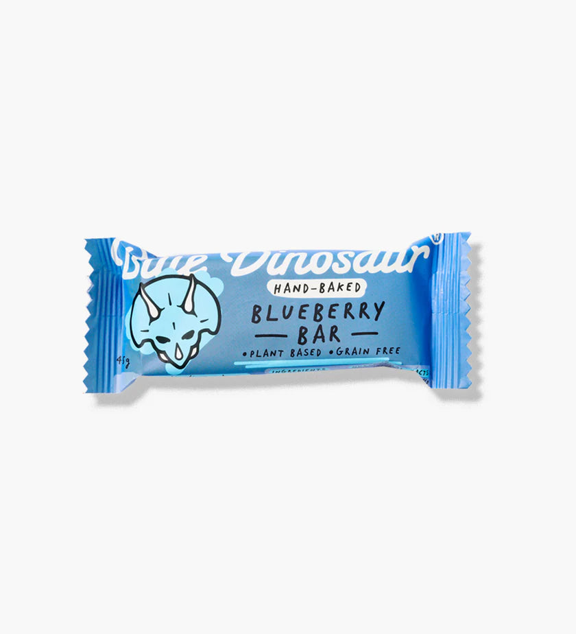 Blueberry bar packaging with a blue dinosaur logo on a white background