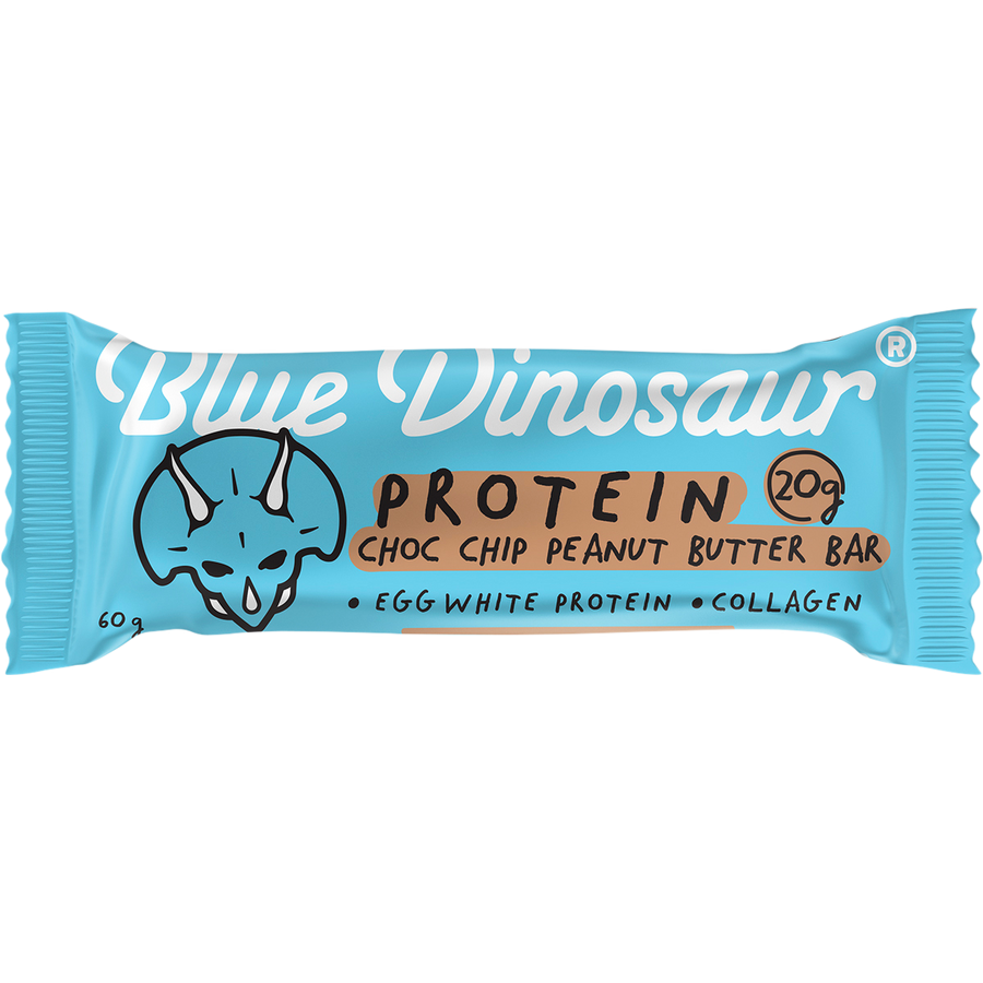 Blue Dinosaur protein bar packaging on a white background