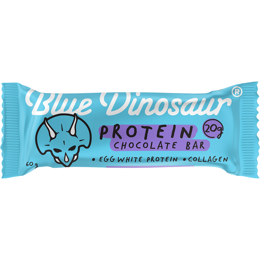 Blue Dinosaur protein chocolate bar packaging on a white background