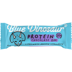 Blue Dinosaur protein chocolate bar packaging on a white background