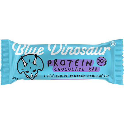Blue Dinosaur protein chocolate bar packaging on a white background