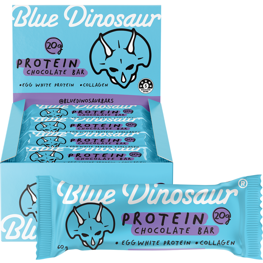Blue Dinosaur protein chocolate bars in packaging on a white background