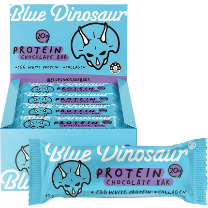 Blue Dinosaur protein chocolate bars in packaging on a white background