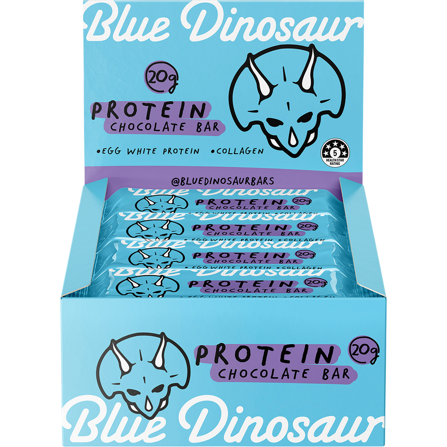 Box of Blue Dinosaur protein chocolate bars with branding and product details.
