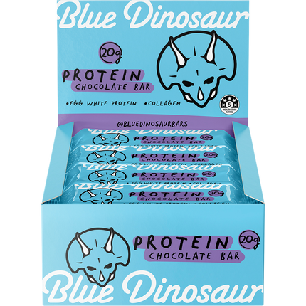 Box of Blue Dinosaur protein chocolate bars with branding and product details.
