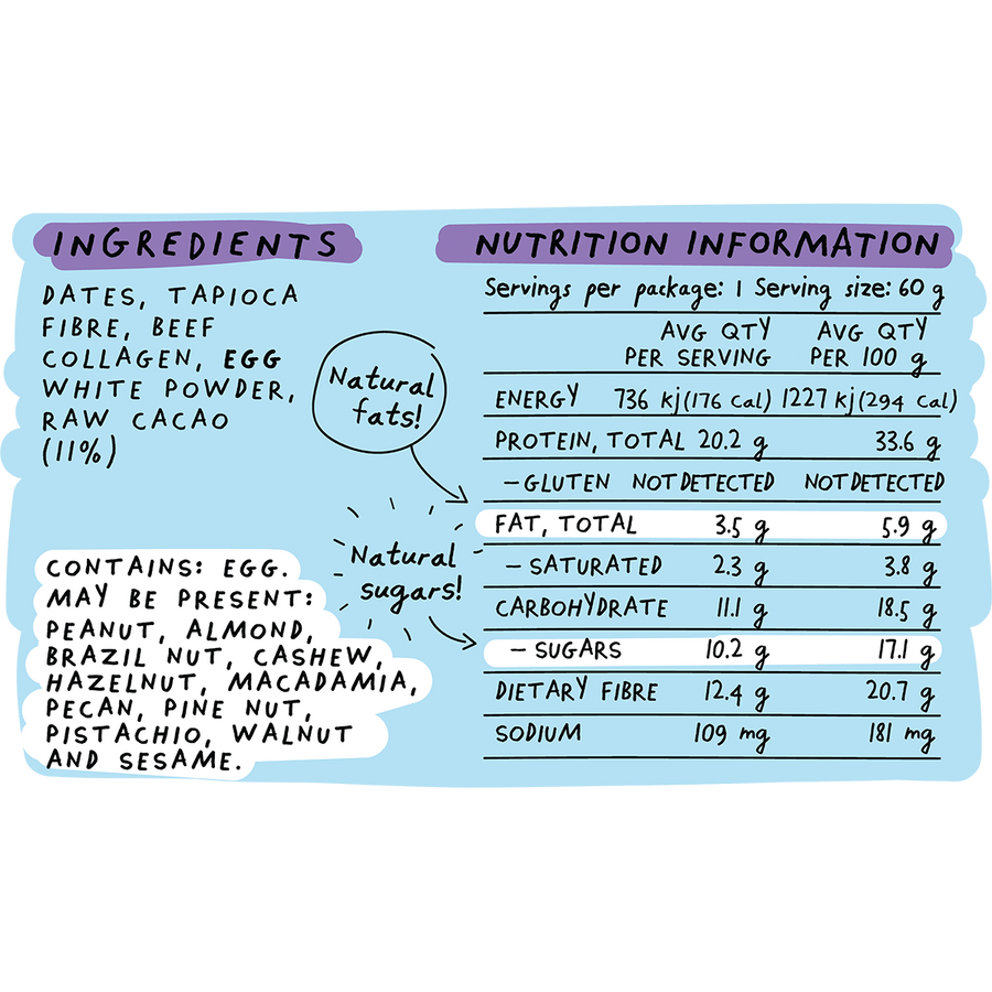 Nutrition label with ingredients and detailed nutritional information on a light blue background