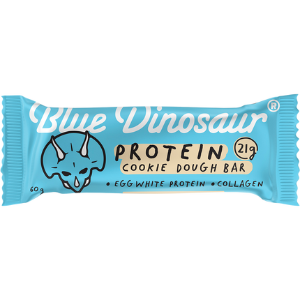 Blue Dinosaur protein cookie dough bar packaging on a white background