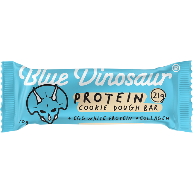 Blue Dinosaur protein cookie dough bar packaging on a white background