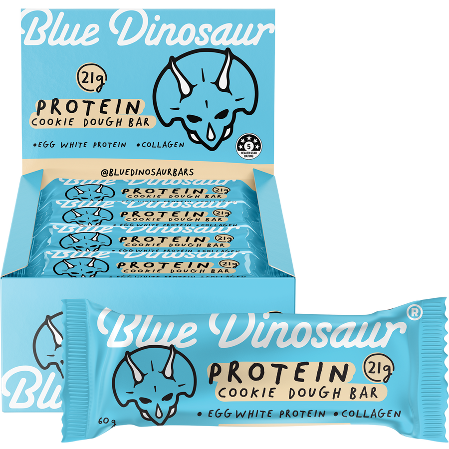 Blue Dinosaur protein cookie dough bars packaging on a white background