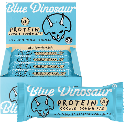 Blue Dinosaur protein cookie dough bars packaging on a white background