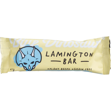 Lamington bar packaging with a dinosaur illustration on a white background