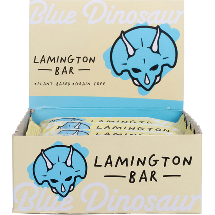 Box of Blue Dinosaur Lamington Bars with blue dinosaur illustration on a white background