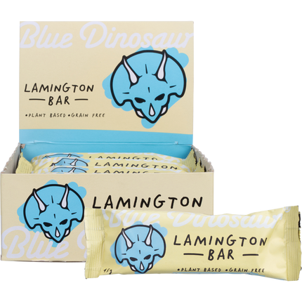 Box of Blue Dinosaur Lamington Bars with a single bar displayed in front.
