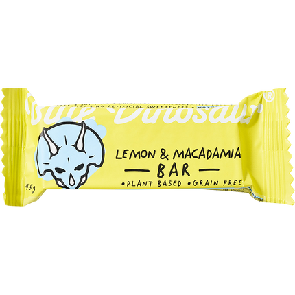 Yellow lemon and macadamia bar with a blue logo on a white background