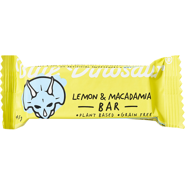 Yellow lemon and macadamia bar with a blue logo on a white background