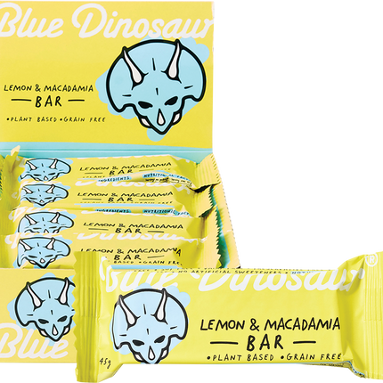 Display of Blue Dinosaur lemon and macadamia nut bars with yellow packaging.
