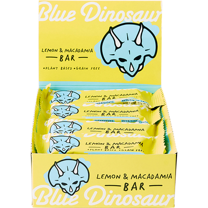 Display of Blue Dinosaur lemon and macadamia bars in a yellow box.