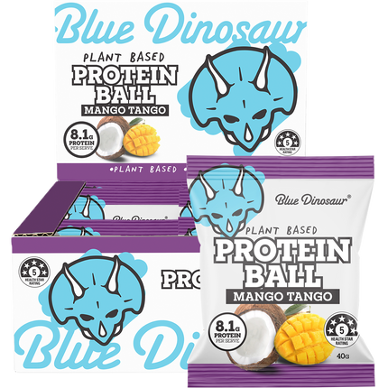 Blue Dinosaur plant-based protein ball packaging with mango and coconut illustration on a white background