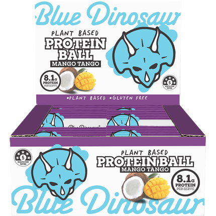 Box of Blue Dinosaur plant-based protein balls with mango and coconut on a white background