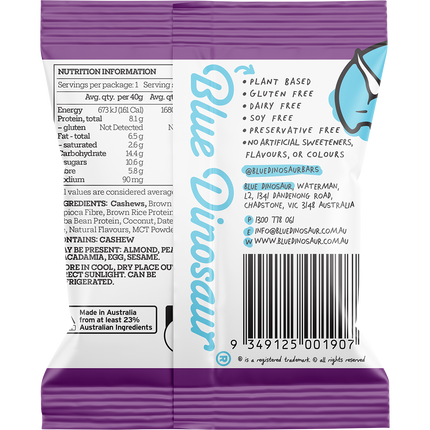 Back view of a purple and white package with text and branding