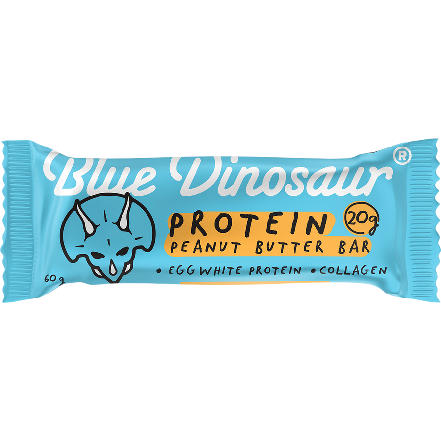 Blue Dinosaur protein peanut butter bar packaging on a white background